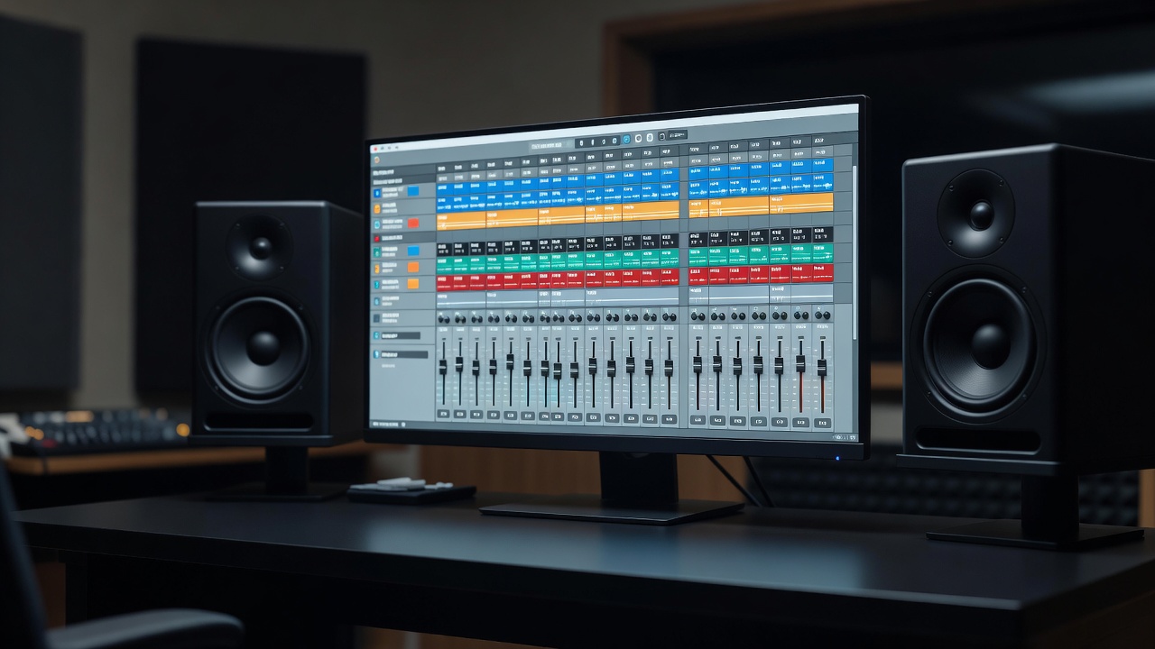 Computer screen showing a colour-coded DAW mixing session with grouped buses beside a pair of studio monitors