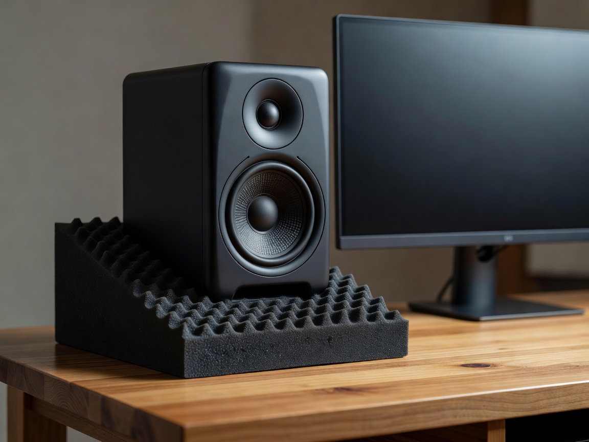 Studio monitor sitting on a foam isolation pad on a wooden desk beside a computer screen