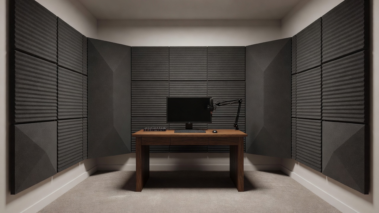 Home studio room with a desk facing the short wall, acoustic panels at side-wall reflection points and corner bass traps