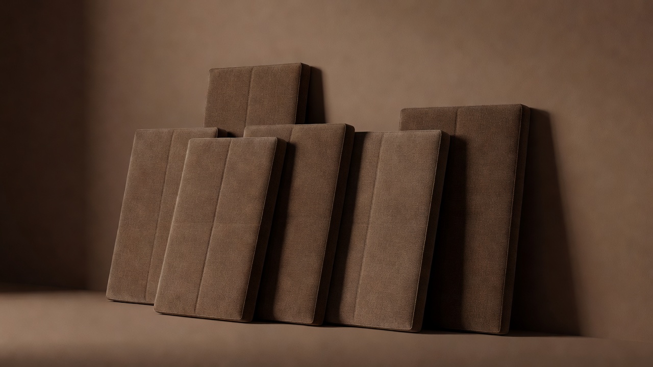 Soft-lit 3D render of fabric acoustic panels leaning against a plain brown wall