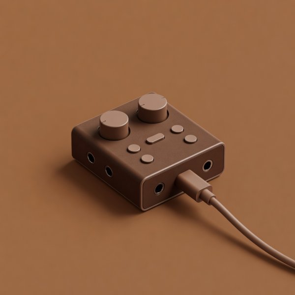 Soft-lit 3D render of a compact audio interface with two gain knobs on a brown background