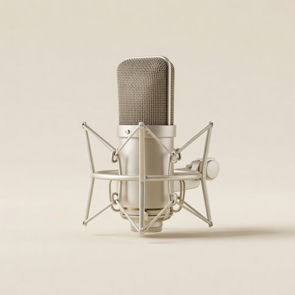 Soft-lit 3D render of a large-diaphragm condenser microphone on a cream background