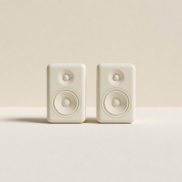 Soft-lit 3D render of two nearfield studio monitors angled inward on a cream background